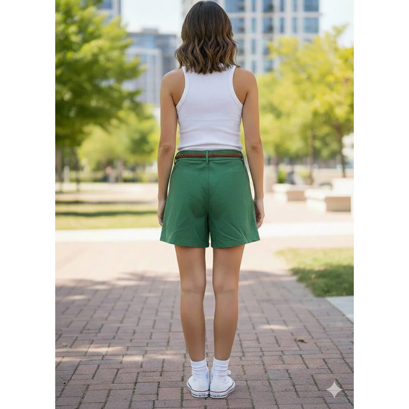 Short Cargo Para Dama De Cintura Alta Color Verde Casual Verde Liso S